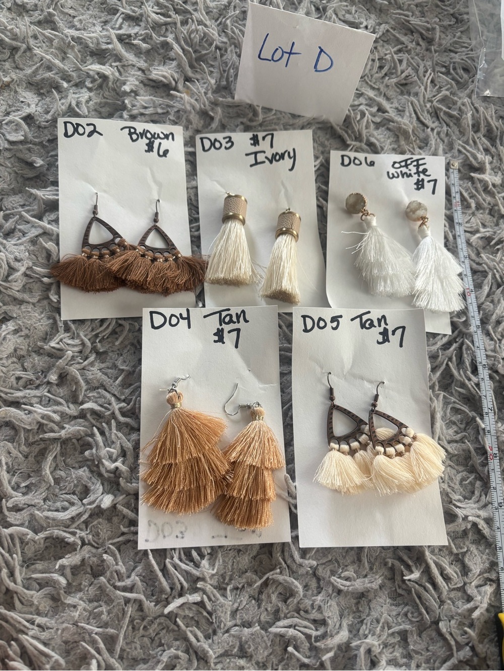 Tassel Dangle Earrings Set - Brown, Tan, Ivory, Off-White Lot D